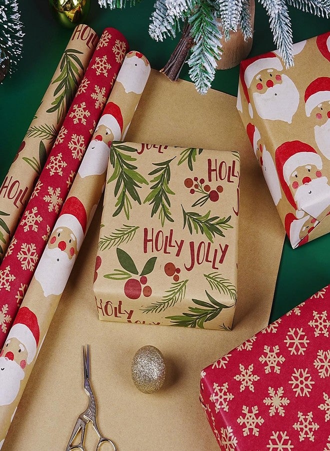 KESTAR Kraft Christmas Wrapping Paper Rolls, Mini Roll - 3 Rolls Red and Brown Xmas Wrapping Paper, Santa Claus, Snowflakes and Holly Jolly Design Gift Wrap Paper for Christmas New Year Holiday Party, 17 x 120 inch Each Roll - Image 2